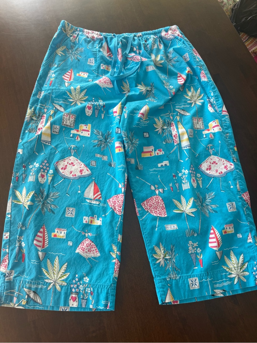 White Stag Tropical Beach Print Capri Pants XL 16/18 Blue Cotton Drawstring